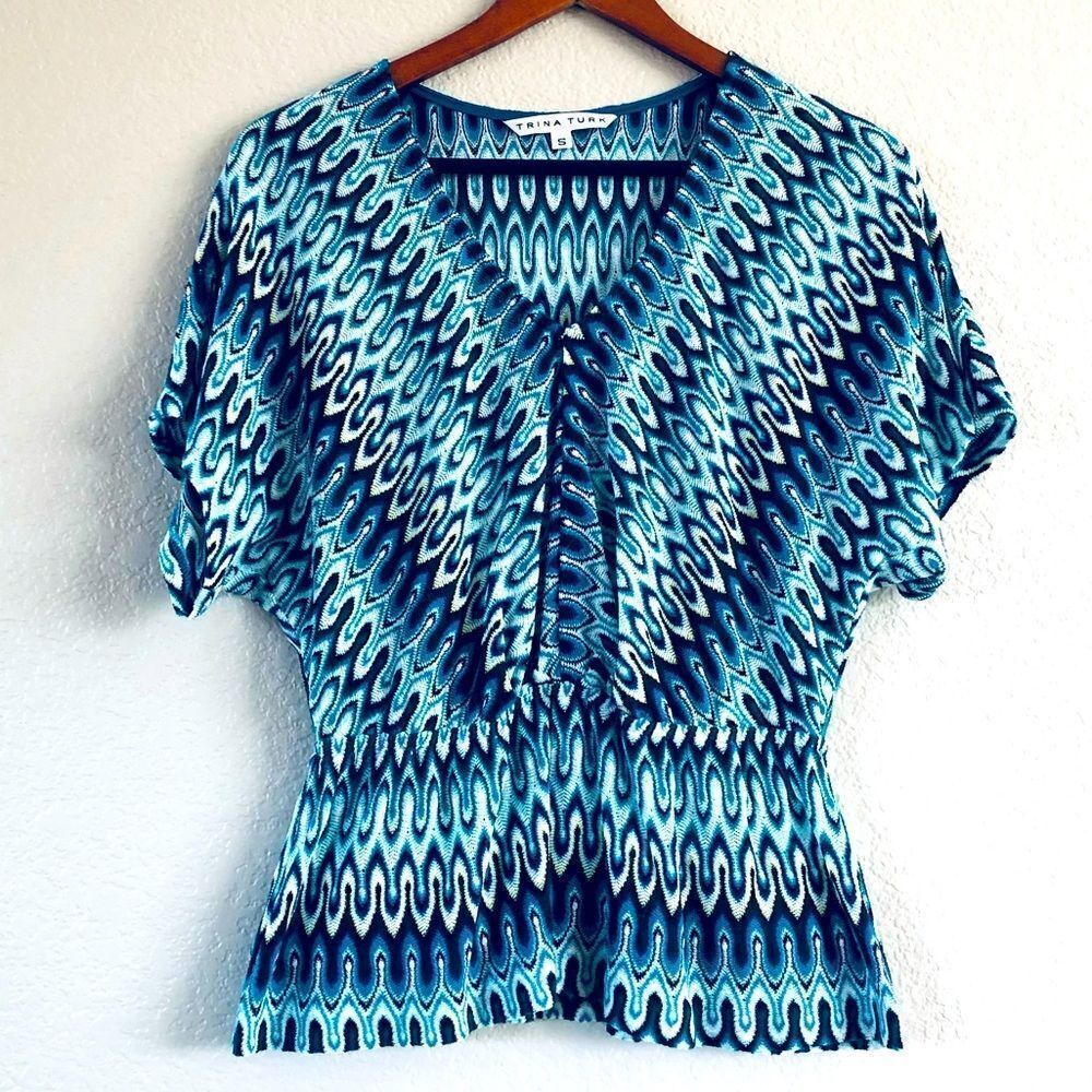 Trina Turk Blue Knit Draped Shoulder Top S